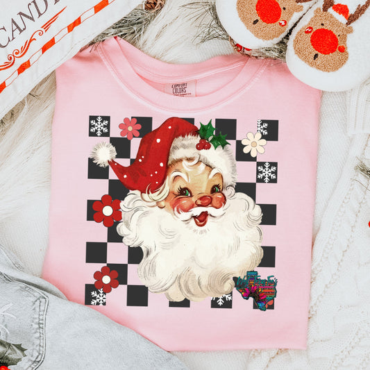 Pink tee or crewneck sweater with Santa on a floral & checkered background!