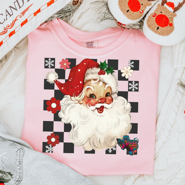 Pink tee or crewneck sweater with Santa on a floral & checkered background!