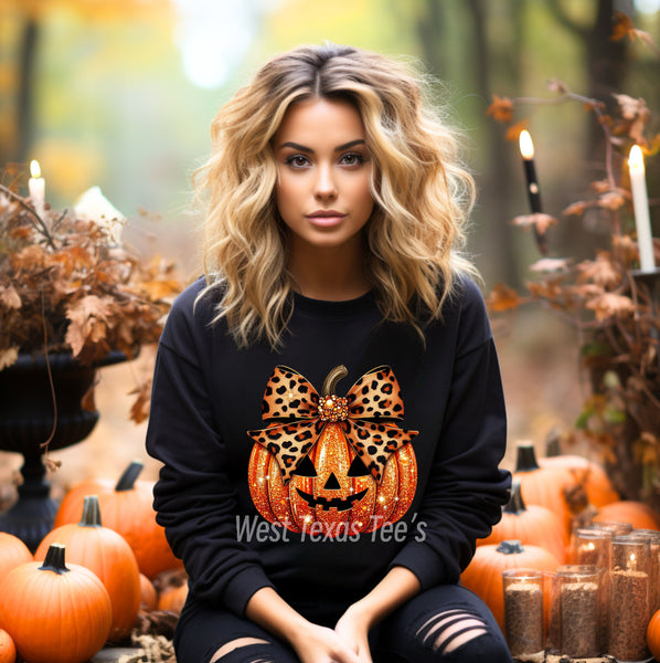 Faux glitter pumpkin w/leopard bow